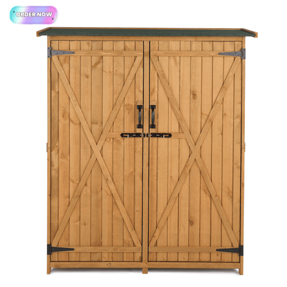 Tcbosik Outdoor Storage Shed with Shelves, Wood Garden Shed with Floor, Tool Organizer Shed with Lockable Doors for Patio, Lawn, Backyard, Wood Color & Green