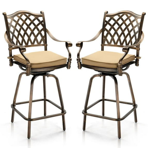 Tcbosik Outdoor Swivel Bar Stools Set of 2, Counter Height Bar Chairs, Bistro Armchair with Cushion and Metal Frame for Backyard, Garden, Patio, Balcony, Bronze
