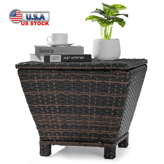 Tcbosik Outdoor Wicker Side Table, Square Patio End Table with Storage for Cushions, Brown