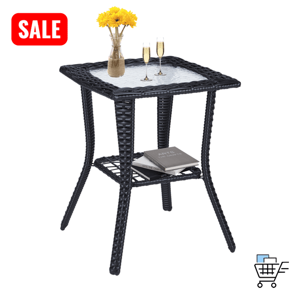 Tcbosik Outdoor Wicker Side Table with Glass Top, 17.9" Square End Table with Open Shelf for Balcony, Porch, Backyard, Black