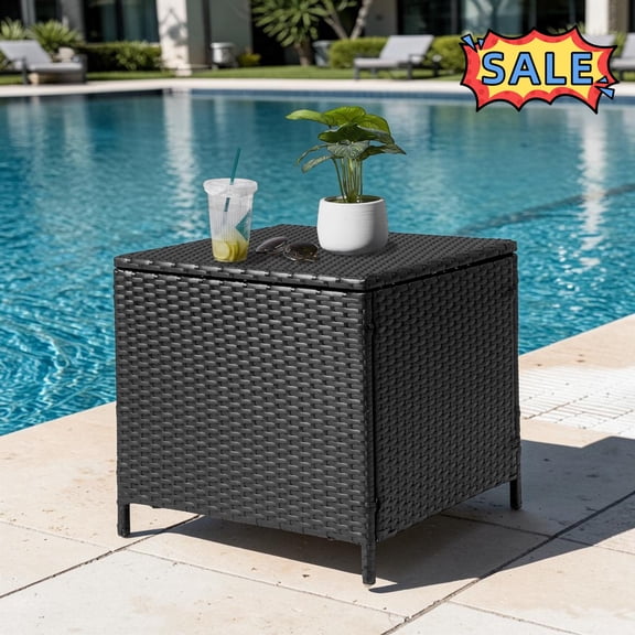 Tcbosik Outdoor Wicker Storage Side Table, Rattan End Table, Container for Furniture Covers, Toys, and Gardening Tools, Black