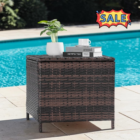Tcbosik Outdoor Wicker Table, 20.9" Square Side Table with Storage, Rattan End Table for Garden, Porch, Backyard, Poolside, Brown