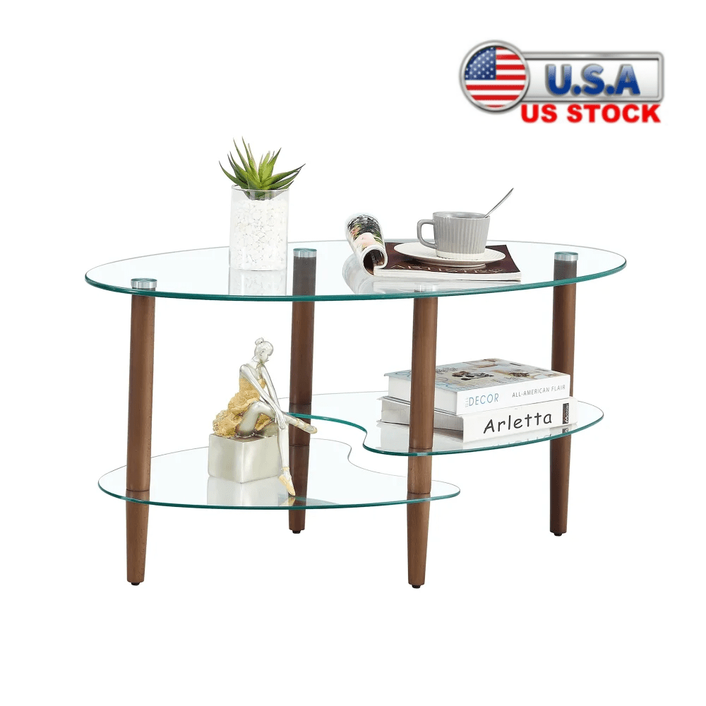 Tcbosik Oval Coffee Table, 3 Tier Glass Center Table with Oak Wood Legs ...