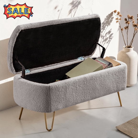 Tcbosik 39.3" Oval Bench with Storage, Faux Fur Upholstered Ottoman with Gold Legs for Hallway, Entryway, Living Room, Grey