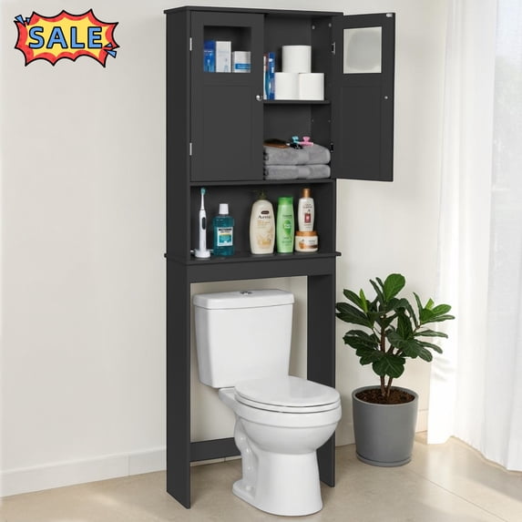 Tcbosik Over the Toilet Cabinet with 2 Doors, Bathroom Storage Cabinet with Adjustable Shelf, Space Saving, Black