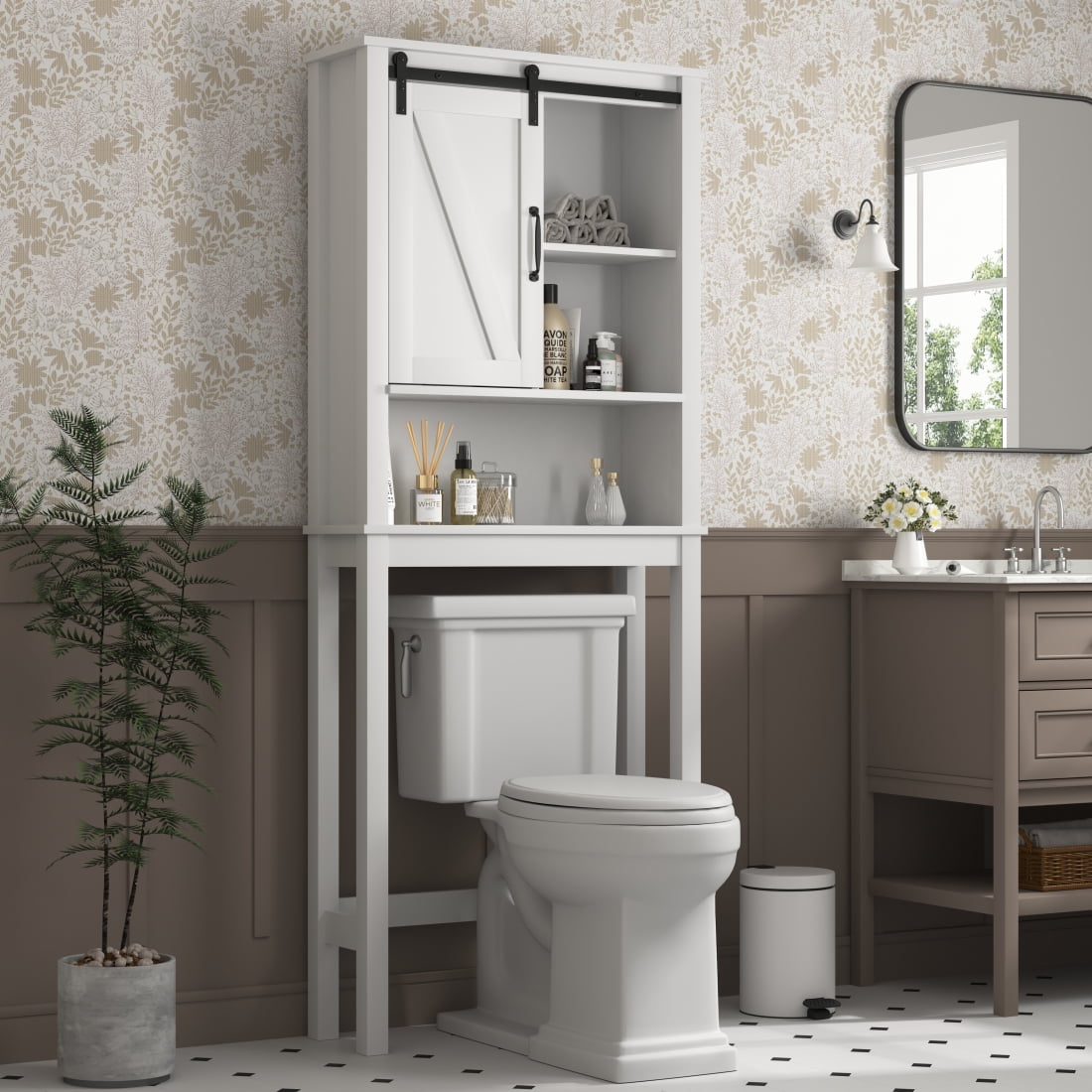 White MDF Wood Over-the-Toilet Storage Cabinet with Sliding Door