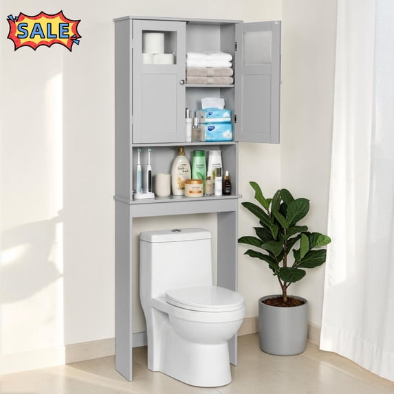 Tcbosik Over the Toilet Storage Cabinet, Modern Bathroom Cabinet with Adjustable Shelf and 2 Doors for Small Space, Easy Assembly, Grey