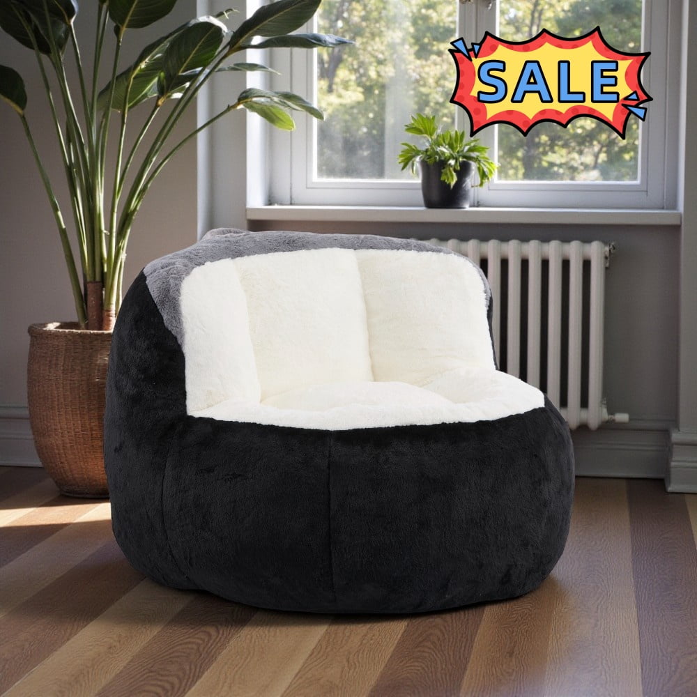 Tcbosik Oversized Bean Bag Chair, Faux Fur Accent Chair, Single Sofa Chair for Living Room, Bedroom, Black+White+Grey