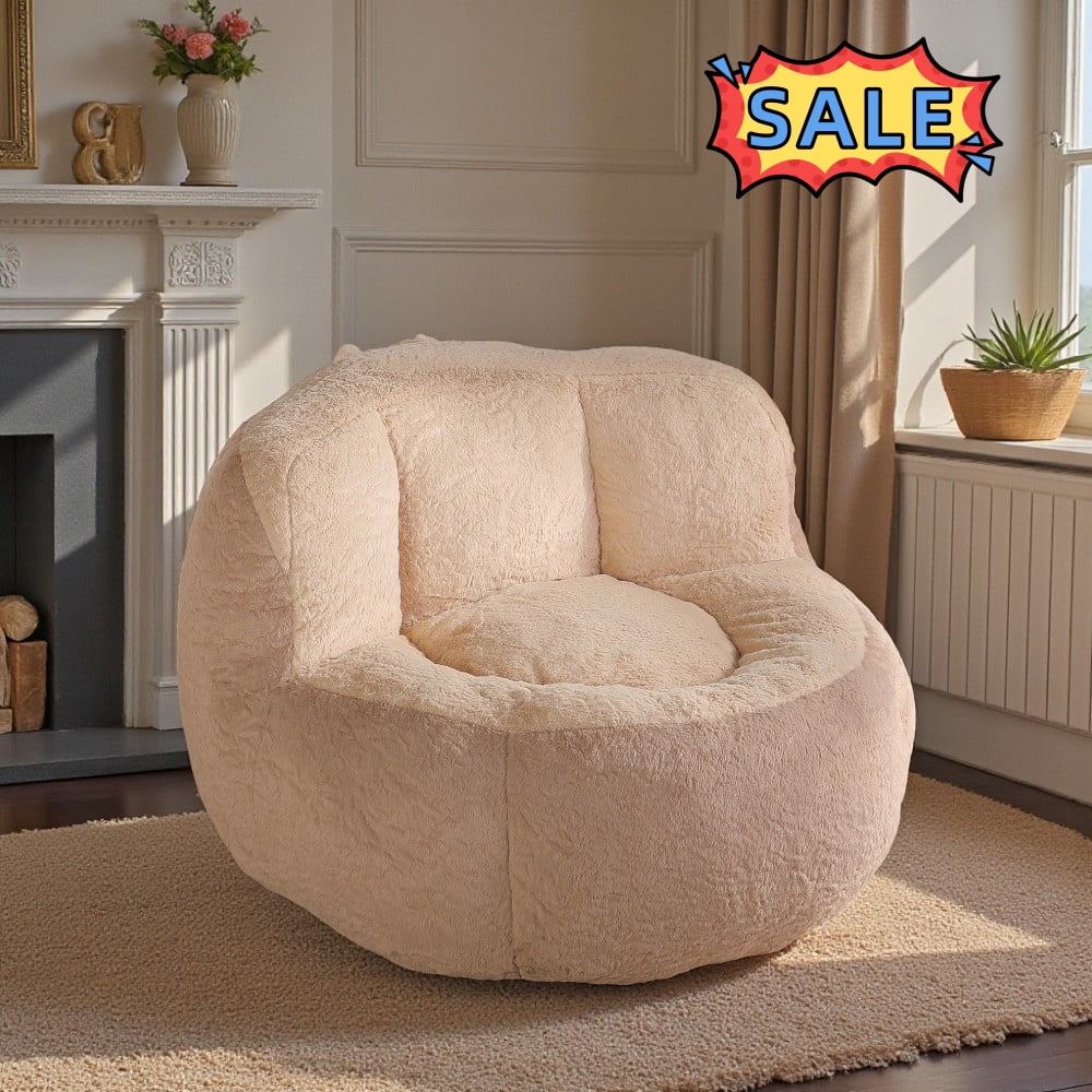 Tcbosik Oversized Bean Bag Chair for Adults, Faux Fur Single Sofa Chair, Accent Lounge Chair for Reading, Gaming, No Assembly Required, Brown+Camel
