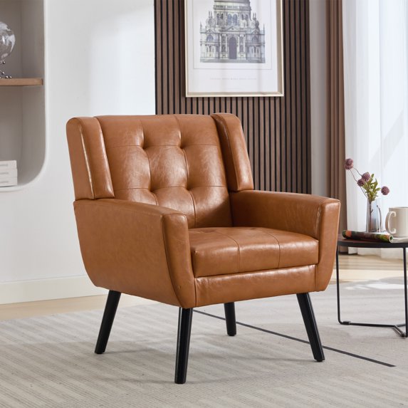 Tcbosik PU Leather Accent Chair, Mid-Century Living Room Chair, Upholstered Single Sofa Chair, Modern Arm Chair with Solid Wood Legs for Home Office, Light Brown