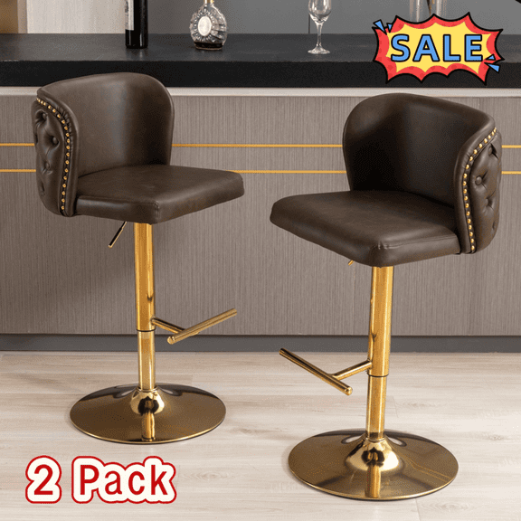 Tcbosik PU Leather Bar Stools Set of 2, 25.1" - 33" Height Adjustable Swivel Bar Chair with Button Tufted Design, Upholstered Barstool with Metal Base for Kitchen Island, Dining Room, Brown & Gold