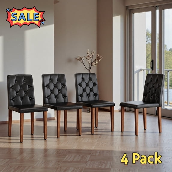 Tcbosik PU Leather Dining Chairs Set of 4, Upholstered Kitchen Armless Kitchen Chair with Button Tufted Back and Metal Legs for Living Room, Black & Walnut