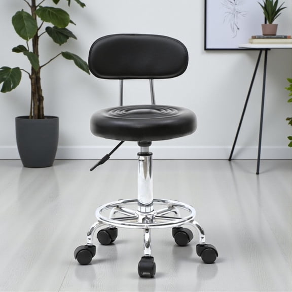 Tcbosik PU Leather Modern Rolling Stool with Low Back, Height Adjustable Work Salon Drafting Swivel Task Chair with Footrest (Black)