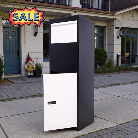 Tcbosik Package Delivery Box for Outside, Large Parcel Delivery Box with Lock and Secure Storage Compartment, Heavy-Duty Steel Mailbox, White & Black