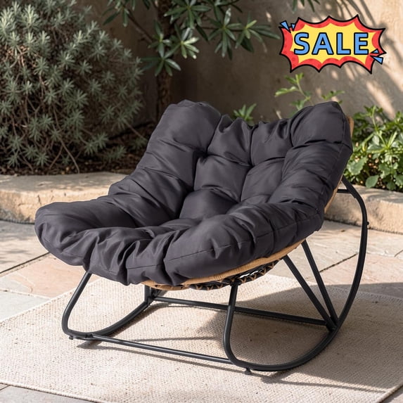 Tcbosik Papasan Rocking Chair with Cushion, Wicker Egg Chair for Indoor & Outdoor Use, Reading Lounge Chair for Patio, Porch, Living Room, Bedroom, Yellow & Gray