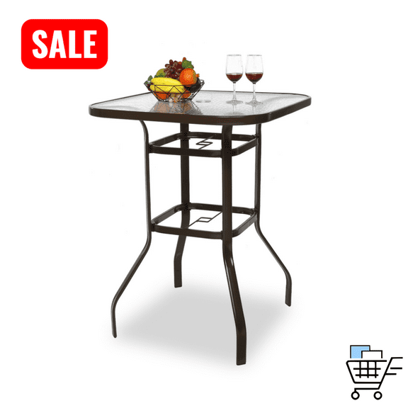 Tcbosik Patio Bar Table, 31 inch Square Bistro Table with 1.8" Umbrella Hole & Tempered Glass Top for Outdoor, Balcony, Backyard, Poolside, Brown