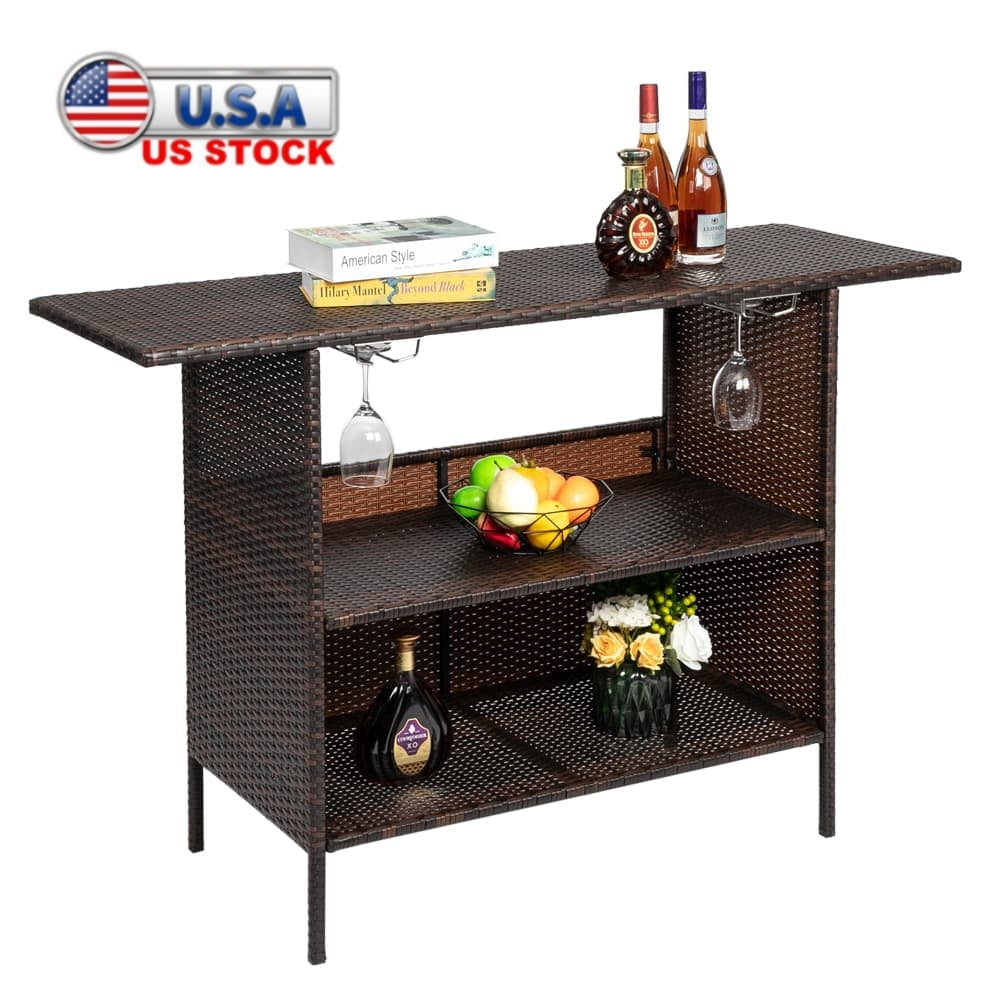 Brown Steel and Wicker Outdoor Bar Table with Shelves