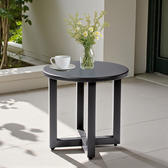 Tcbosik Patio End Table, 18" Round Metal Side Table with Cross Base, All-Weather Indoor/Outdoor Accent Table in Gray, Easy to Clean & Assemble