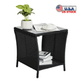 thumbnail image 1 of Tcbosik Patio Side Table, Outdoor Wicker End Table with Glass Top and Storage Shelf for Porch Garden Backyard, Black, 1 of 11