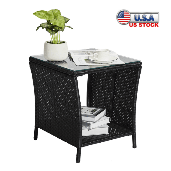 Tcbosik Patio Side Table, Outdoor Wicker End Table with Glass Top and Storage Shelf for Porch Garden Backyard, Black