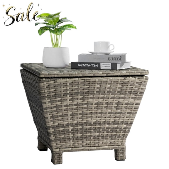 Tcbosik Patio Storage Side Table with Flip Top, 13 Gallon Gray PE Rattan Deck Box for Hose & Cushions, Outdoor Small Coffee Table with Smooth-Lift Lid & Sturdy Steel Frame