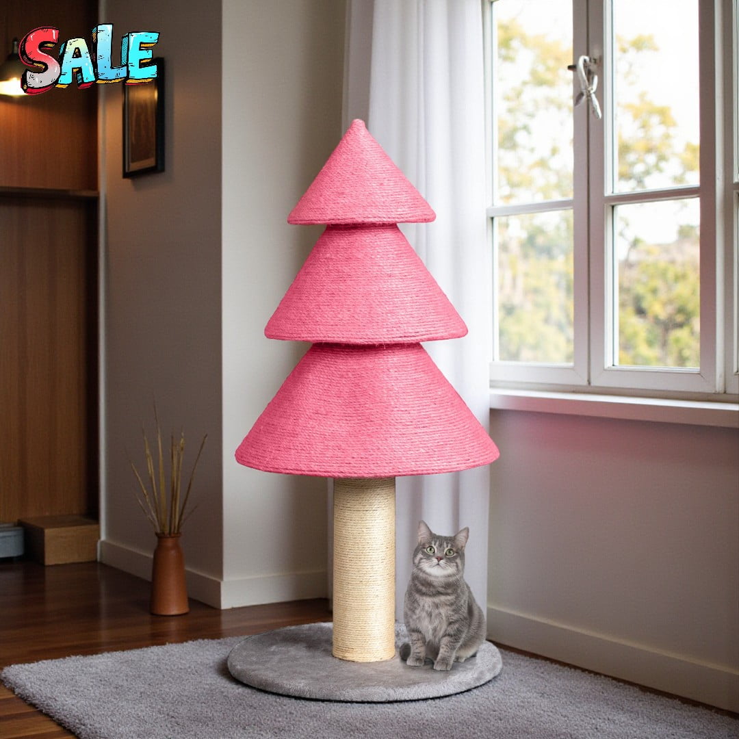 Tcbosik Pink Christmas Tree Cat Scratcher, 31.5-Inch Cat Scratching Post with Sisal Rope & Soft Gray Fleece Base, Festive Pet Toy for Holiday Decor