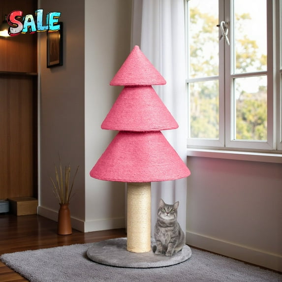 Tcbosik Pink Christmas Tree Cat Scratcher, 31.5-Inch Cat Scratching Post with Sisal Rope & Soft Gray Fleece Base, Festive Pet Toy for Holiday Decor