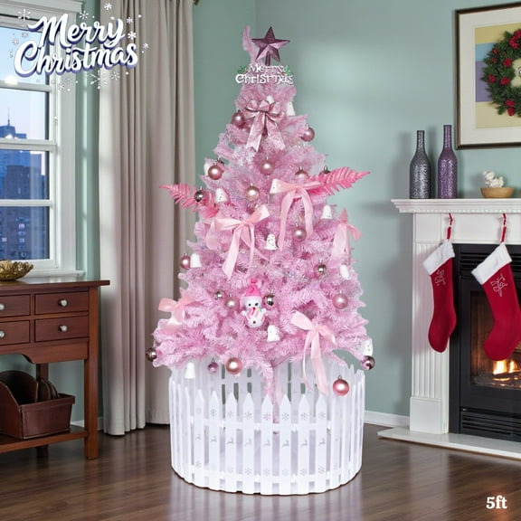Tcbosik Pink Pre-Lit Pencil Christmas Tree - 5ft Slim Fully-Decorated Artificial Tree with Guardrail & Skirt, Space-Saving for Small Spaces & Themed Decor