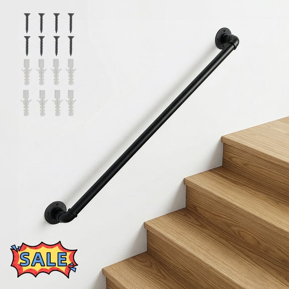 Tcbosik Pipe Stair Handrail, 3ft Iron Railing for Indoor & Outdoor, Easy Assembly, Black