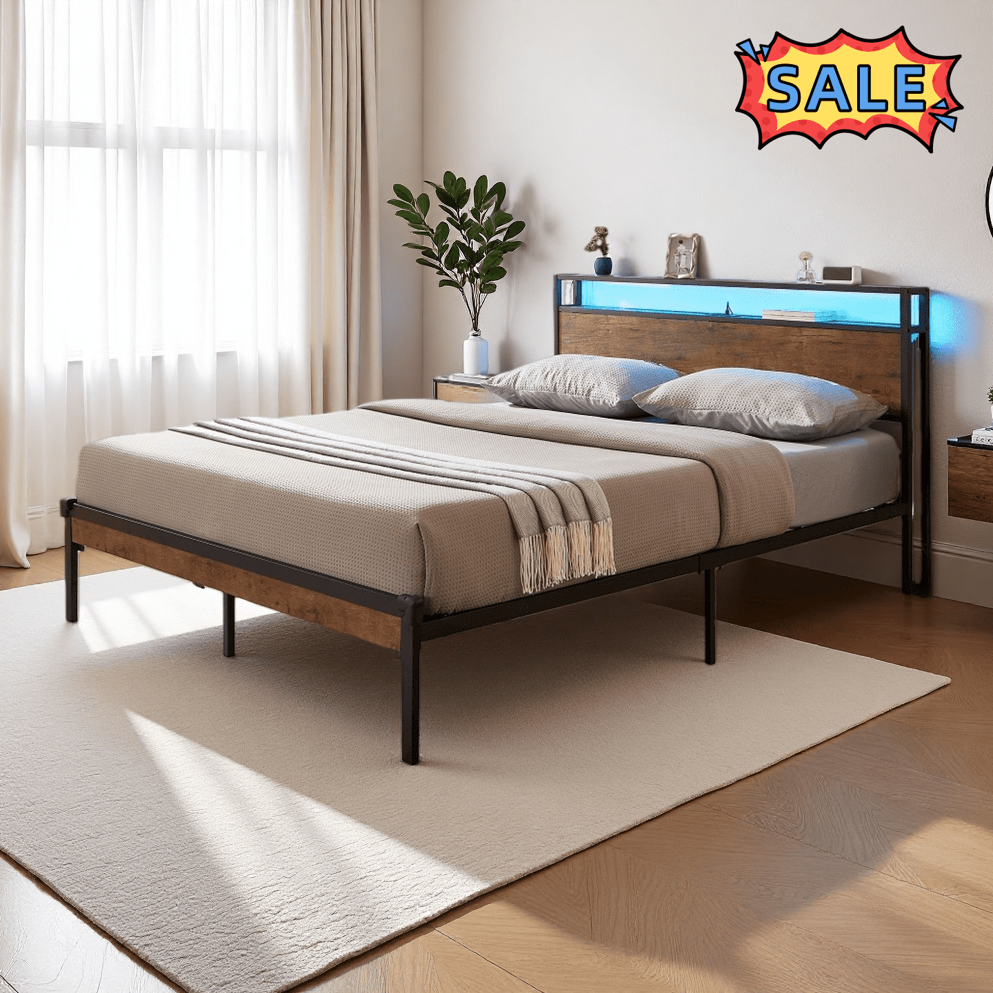 Tcbosik Platform Bed with Charging Station and LED Lights, Queen Size Bed Frame with Storage Headboard, Metal Slats Support, Easy Assembly, Black+Brown