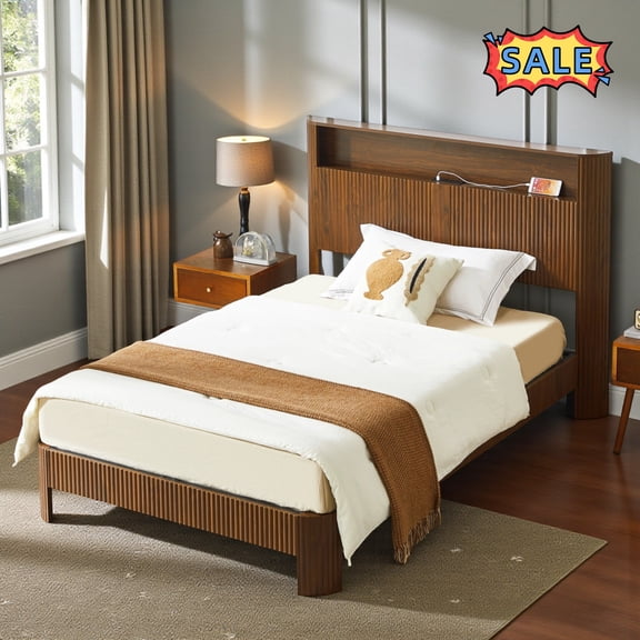 Tcbosik Platform Bed Full XL Size, Bed Frame with Charging Station and Storage Headboard, Metal Slats Support, Easy Assembly, Walnut