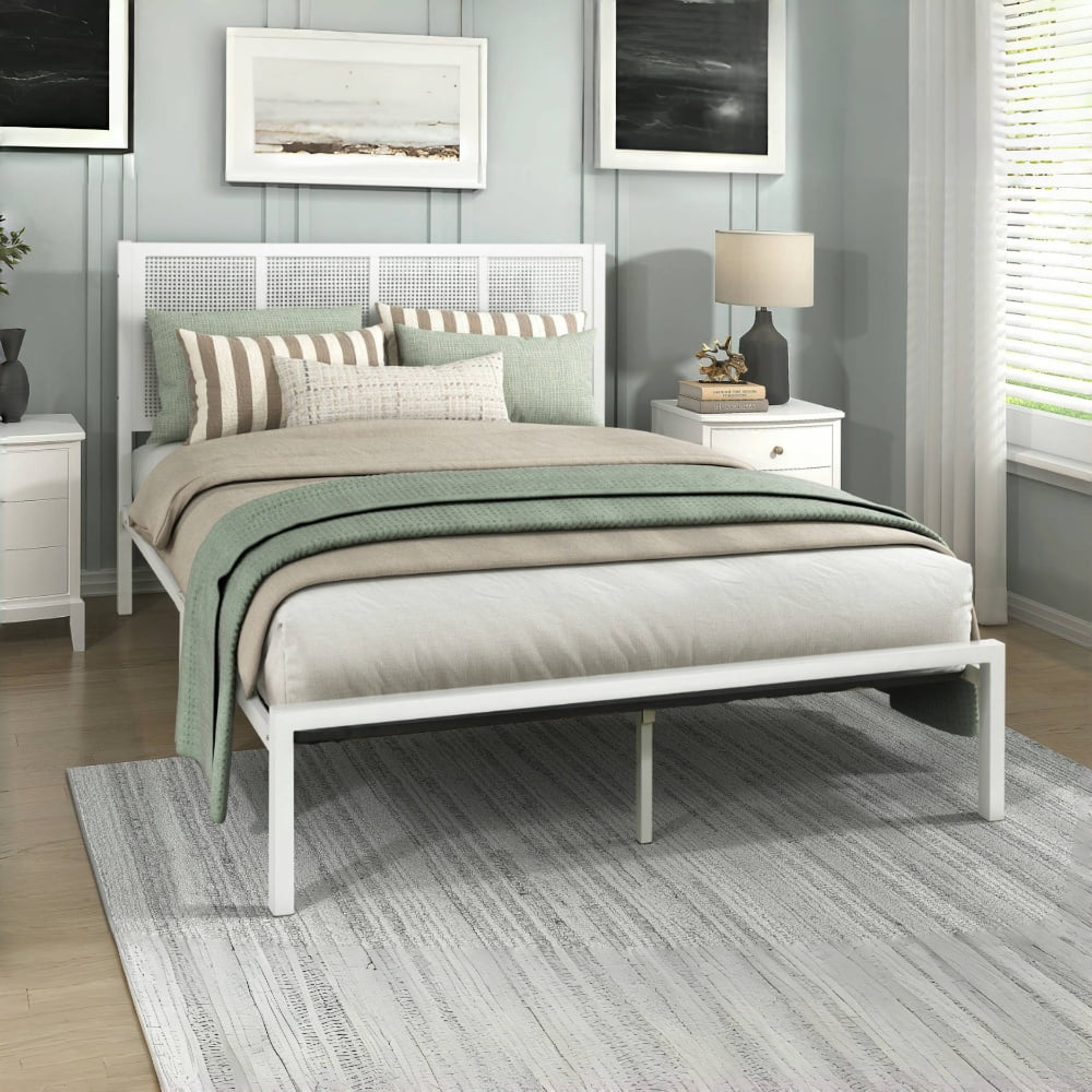 Tcbosik Platform Bed Queen Size, Bed Frame with Headboard, Metal Slats Support, Easy Assembly, White