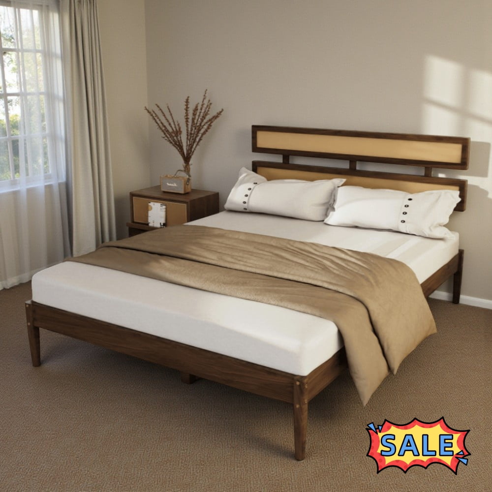 Tcbosik Platform Bed Queen Size, Bed Frame with Rattan & Wood Headboard for Bedroom, Wood Slats Support, Dark Walnut