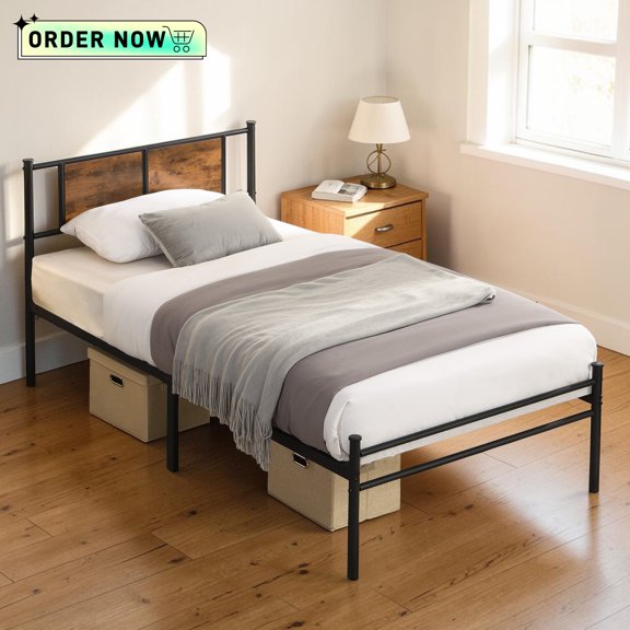 Tcbosik Twin Size Platform Bed, Heavy Duty Metal Bed Frame, No Box Spring Needed, Easy Assembly, Black+Brown