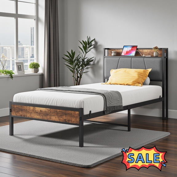 Tcbosik Platform Bed Twin Size with Charging Station, Bed Frame with Upholstered Headboard, Heavy Duty Metal Slats Support, Noise Free, Black & Brown