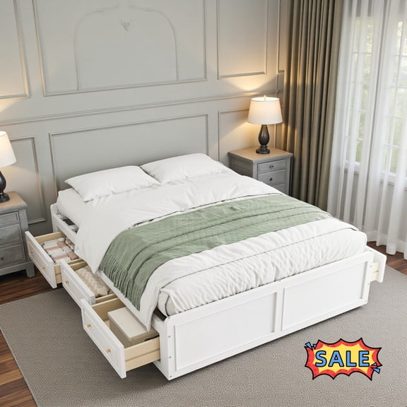 Tcbosik Platform Bed with 6 Storage Drawers, Queen Size Wood Bed Frame, Mattress Foundation for Bedroom, No Box Spring Needed, White