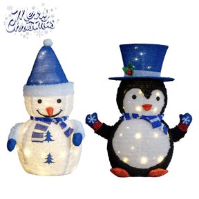 Tcbosik Plush Snowman & Penguin Holiday Decoration, 2-Piece Set – Pre-Lit Design with 100 LED Lights, Weather-Resistant, Perfect for Indoor and Outdoor Christmas Displays