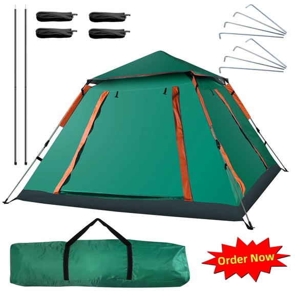 Tcbosik Pop Up Camping Tent for 4-5 Person, Instant Family Tent with Mosquito Nets Windows for Outdoor, Waterproof & Windproof Portable Tent for Picnic, Party, Hiking, Traveling, Green