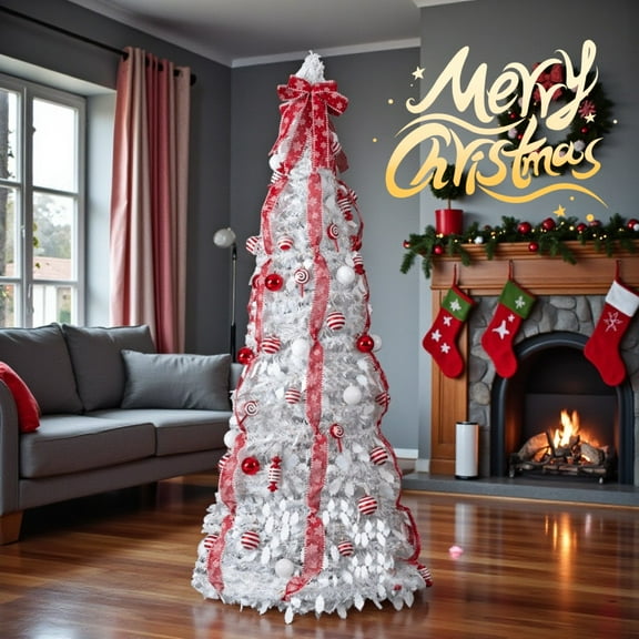 Tcbosik Pop Up Christmas Tree with 100 Warm White LED Lights, 6fr Fully Decorated Artificial Xmas Tree with Ornaments for Home Office Party Decor, White