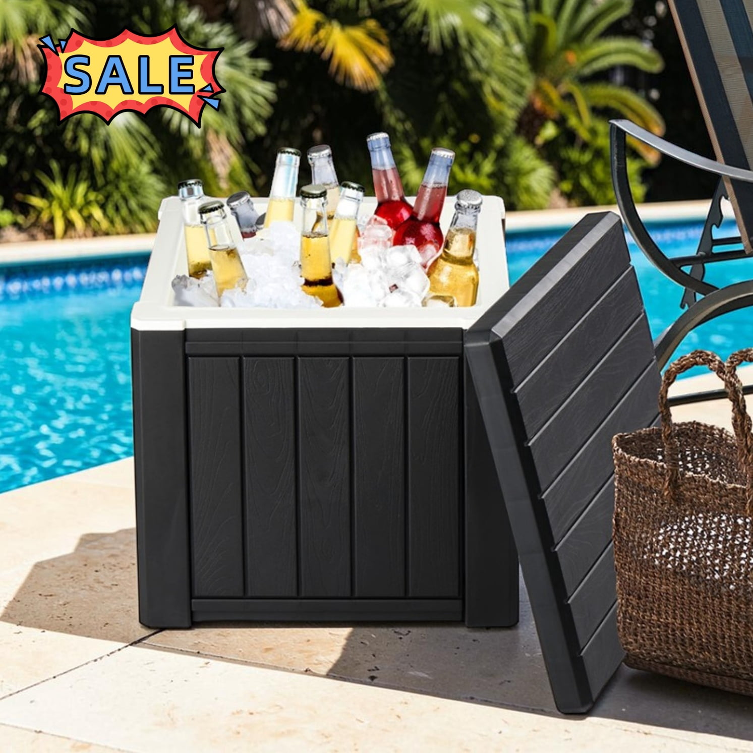 Tcbosik Portable Cooler Table with Handles, 10 Gallon Ice Chest with Storage, Cocktail Side Table for Camping, Fishing, Picnic, BBQ, Black