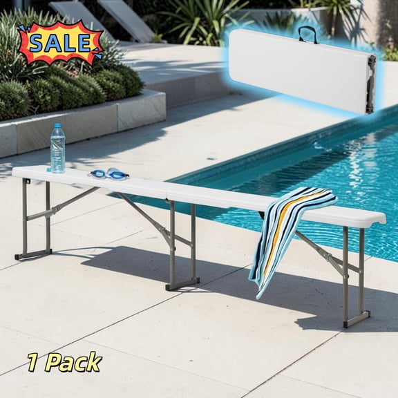 Tcbosik Portable Folding Bench, 6Foot FoldinHalf, Lightweight Seating for Party, BBQ, Picnic, Hiking, Camping, White & Gray