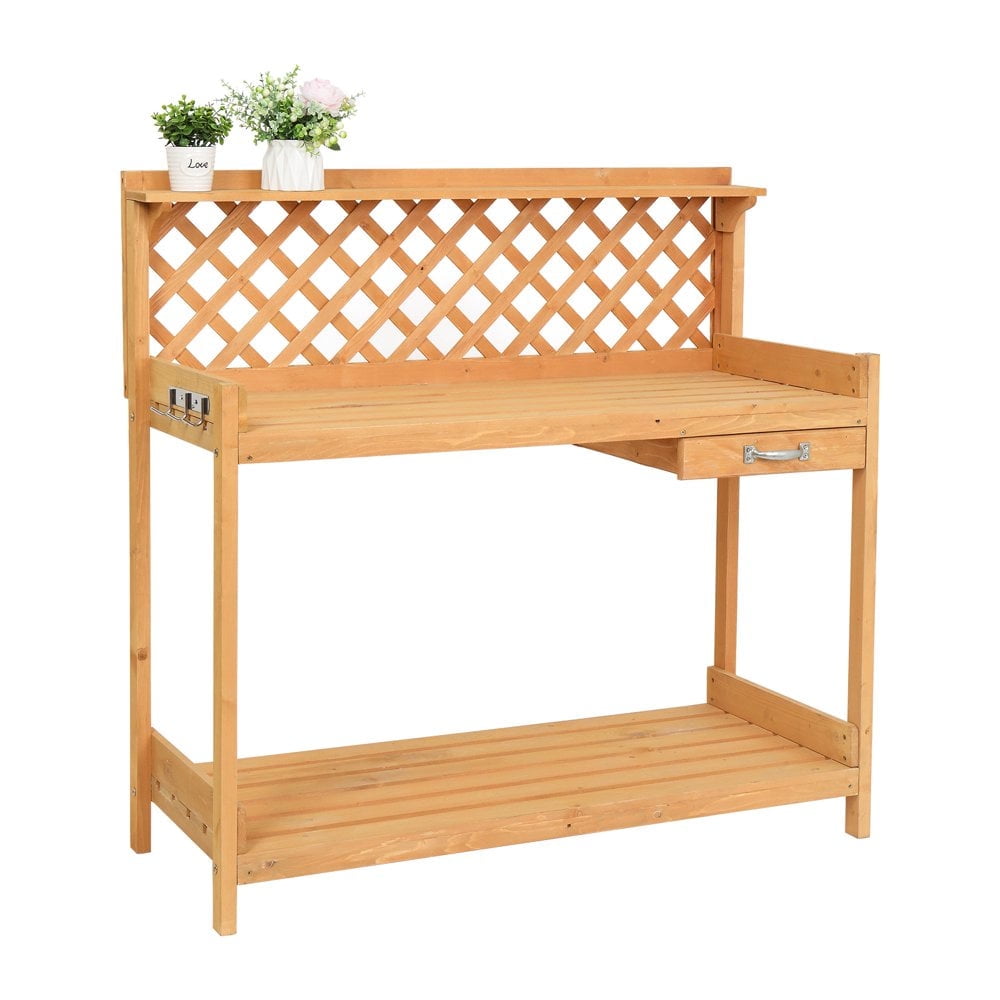 Fir Wood Garden Potting Bench with Drawer in Light Brown