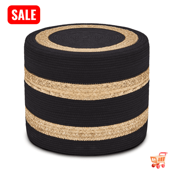 Tcbosik Pouf Ottoman, Hand Woven Natural Seagrass Footstool, 18 inch Boho Round Footrest for Living Room, Bedroom, Porch, Black & Natural