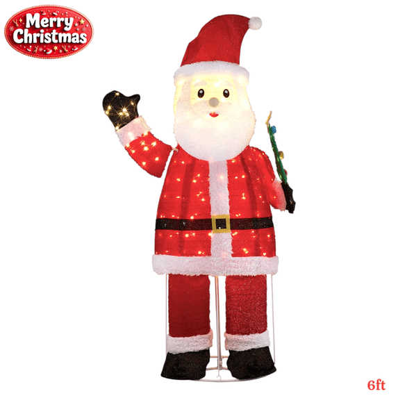 Tcbosik Pre-Lit 6FT Santa Claus with 180 LED Lights, Shimmering Fabric, Holding Christmas Tree – Outdoor & Indoor Holiday Décor (Red)