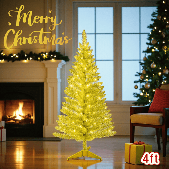 Tcbosik Pre-Lit Artificial Christmas Tree, 4ft Small Xmas Tree with 50 UL Lights and 122 Branch Tips for Small Space, Indoor Holiday Decoration, Gold