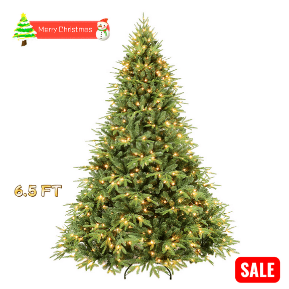 Tcbosik Pre-Lit Christmas Tree with 450 LED Lights, 6.5ft Artificial Lighted Holiday Tree for Home, Office with 2225 Branch Tips, Green