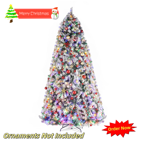 Tcbosik Pre-Lit Flocked Artificial Christmas Tree with Remote Control, 9ft Xmas Tree with 900 Lights and 2094 Branch Tips for Home, Office, Holiday Party Decoration, Easy Assembly, Snowy Green