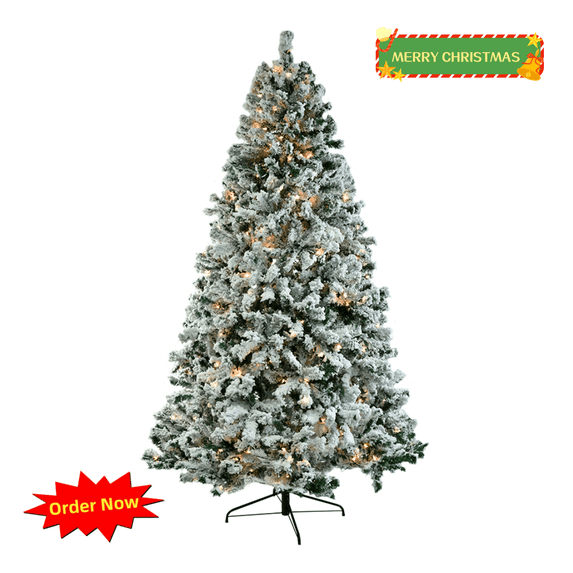 Tcbosik Pre-Lit Flocked Christmas Tree with 400 Lights and Remote Control, 7ft Artificial Xmas Tree with 1000 Branch Tips, Includes Stand, Snowy Green