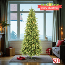 Tcbosik Pre-Lit Slim Christmas Tree with 400 Warm White Lights, 7ft Realistic Artificial Xmas Tree with 1180 Branch Tips & Metal Stand for Indoor Holiday Decor, Easy Assembly, Green