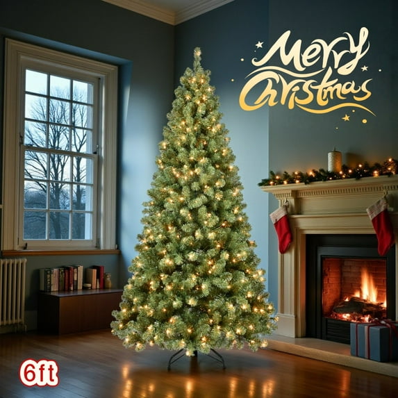 Tcbosik Pre-lit Christmas Tree with Warm White Lights and 779 Branch Tips, 6ft Xmas Tree with Metal Stand for Home Holiday Decoration, Green